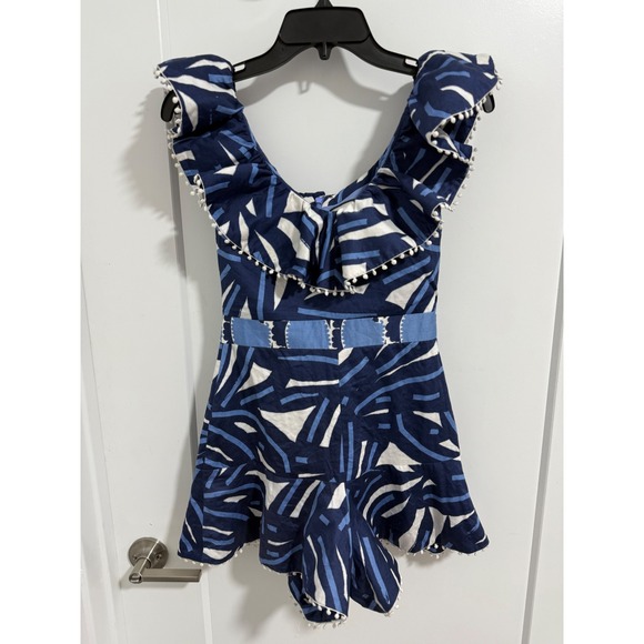 Alexis Romper XS Blue White Print Ruffle Trim Pom Pom Belted One Piece Summer - Picture 4 of 11